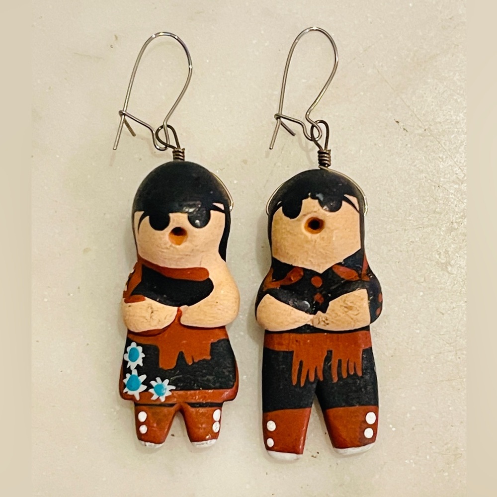 Southwest Clay Figural Boy and Girl Earrings   Vintage